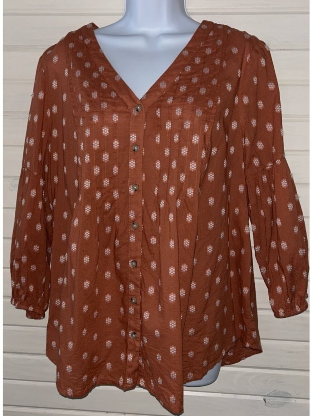 J Jill Sz LARGE Rusty Orange Pintucked Tunic V-Neck Top Button Front EUC